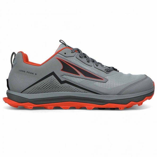 Side view on white background of Mens Altra Lone Peak 5 running shoe in Light Gray, Medium (Regular) width