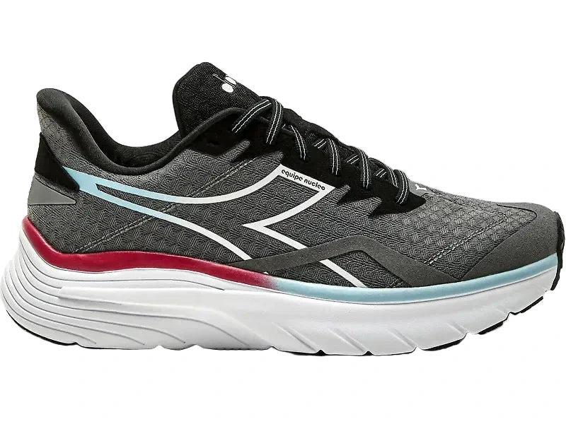 Side view on white background of Mens Diadora Equipe Nucleo running shoe in Steel Gray/White/Black, Medium (Regular) width