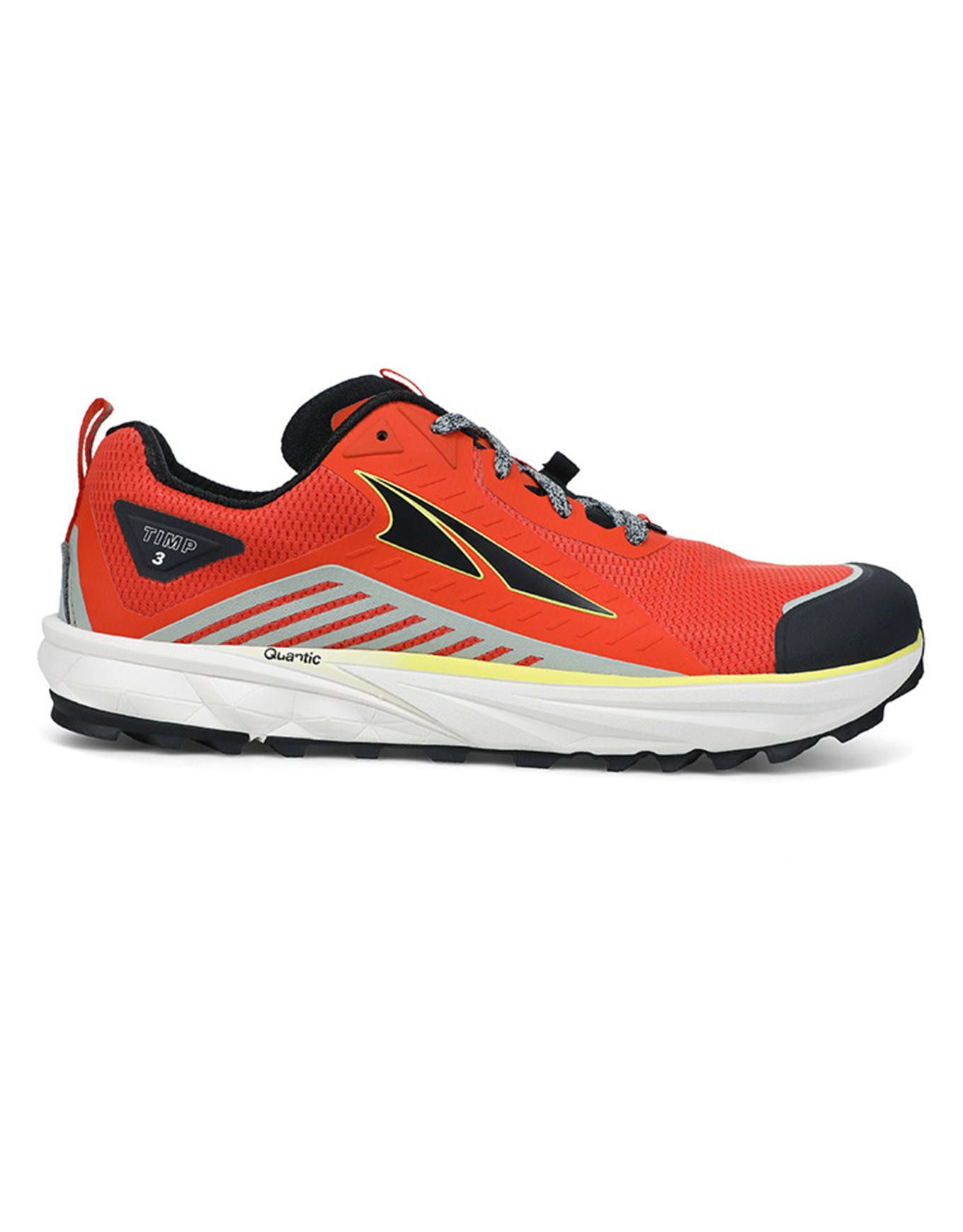 Side view on white background of Mens Altra Timp 3 running shoe in Orange, Medium (Regular) width