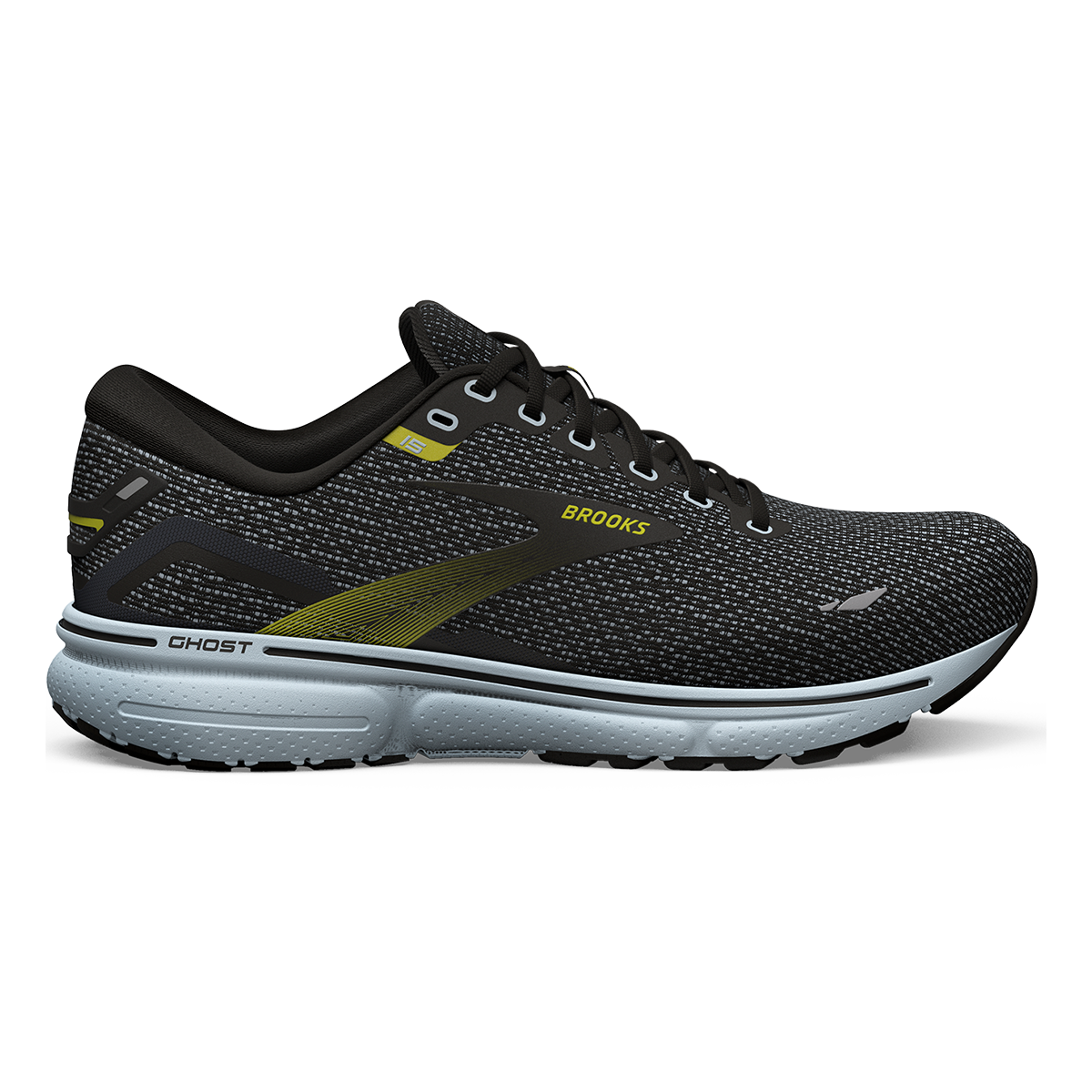 Men's Brooks Ghost 15, Black/Ballad Blue/Sulphur, 14 D Medium