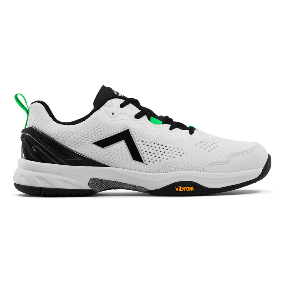 Side view on white background of Mens Tyrol Velocity V running shoe in White/Green, Medium (Regular) width