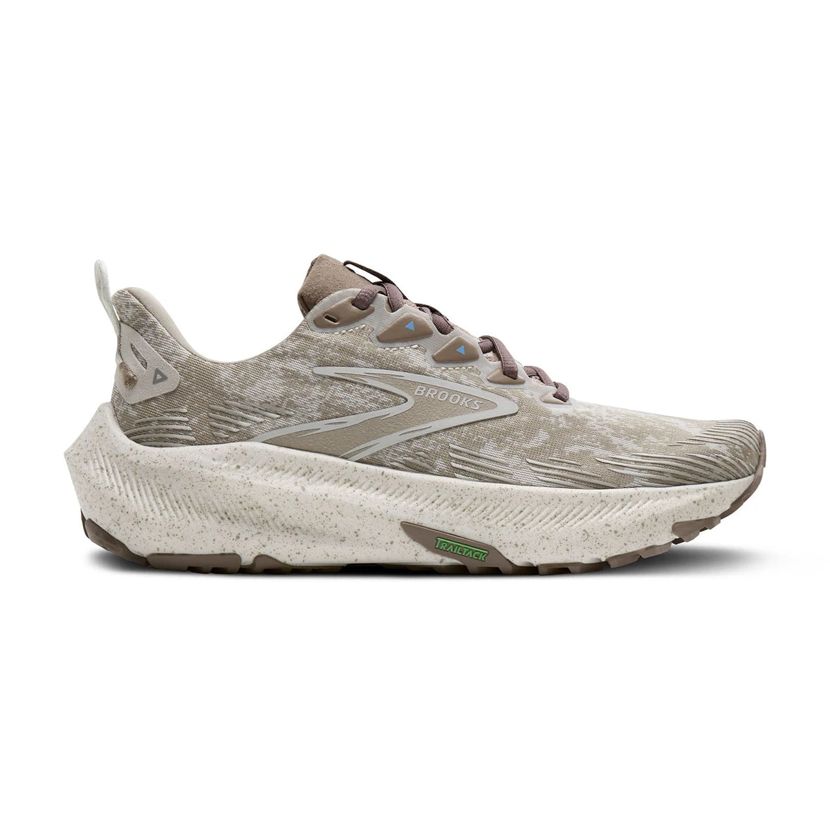 Side view on white background of Womens Brooks Ghost Trail running shoe in Onyx/Stone/Taupe, Medium (Regular) width