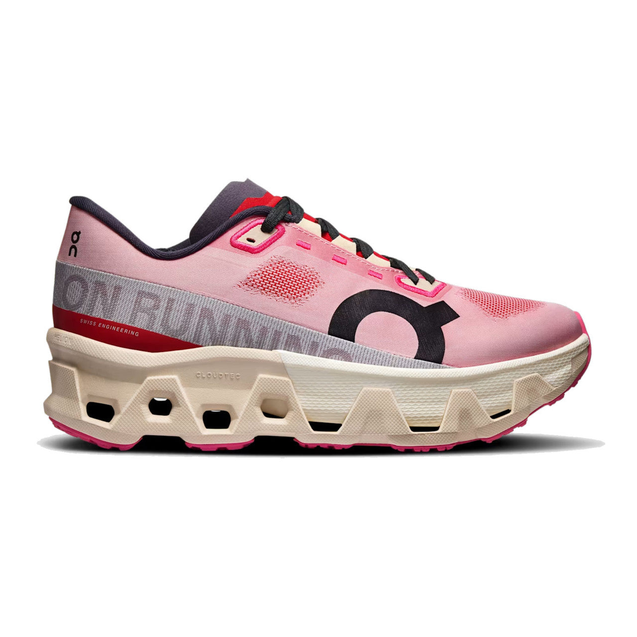 Side view on white background of Womens On Cloudmonster Hyper running shoe in Red/Cream, Medium (Regular) width