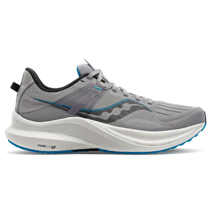 Side view on white background of Mens Saucony Tempus running shoe in Concrete/Indigo, Medium (Regular) width