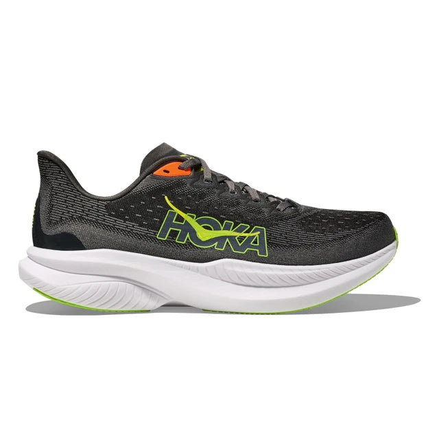 Side view on white background of Mens Hoka Mach 6 running shoe in Gravel/Asphalt Grey, Medium (Regular) width