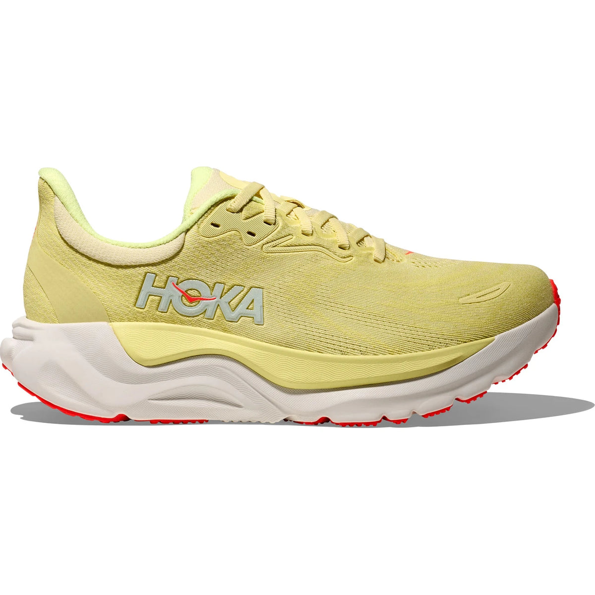 Side view on white background of Womens Hoka Arahi 8 running shoe in Sunlight/Neon Yuzu, Medium (Regular) width
