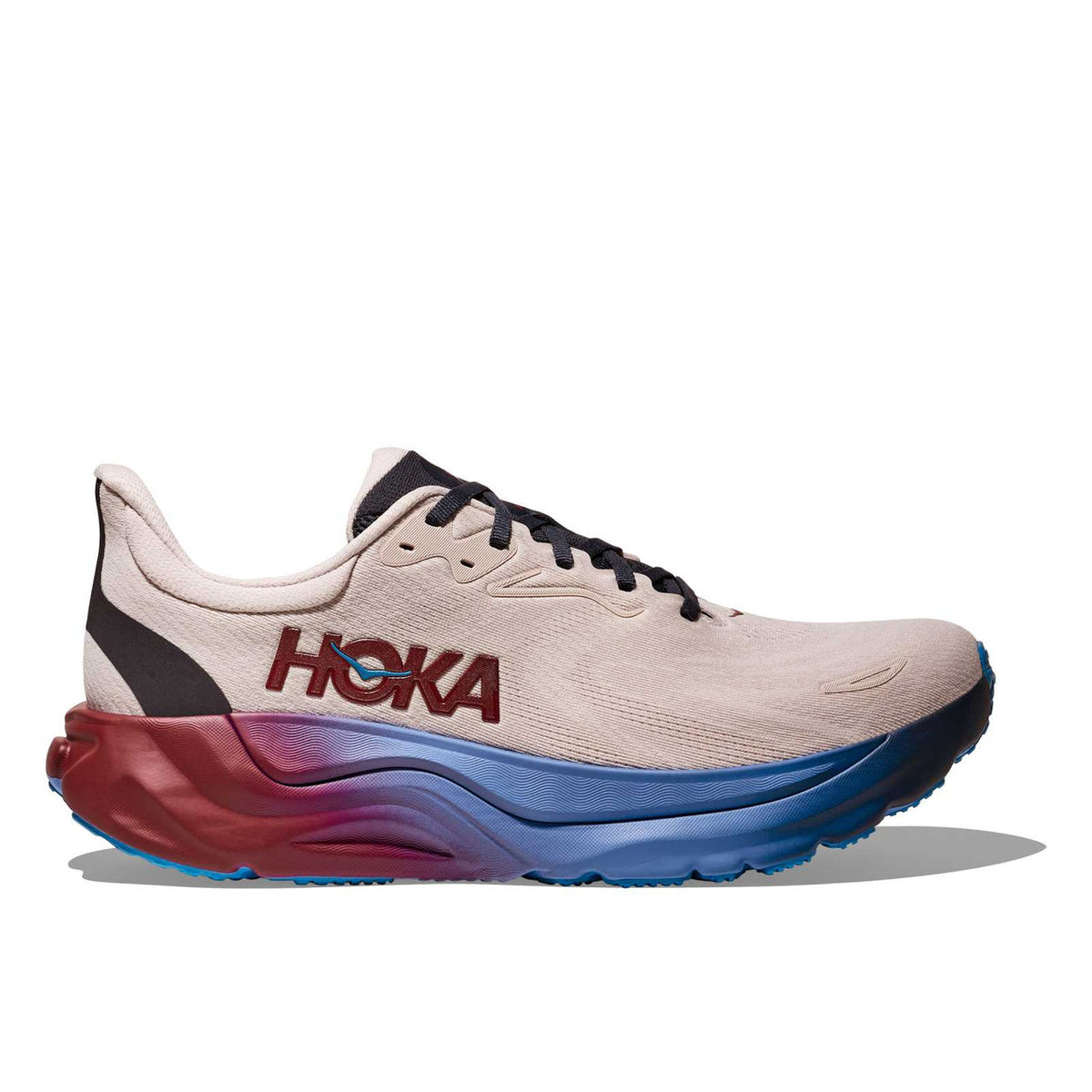 Side view on white background of Mens Hoka Arahi 8 running shoe in Stucco/Grout, Medium (Regular) width