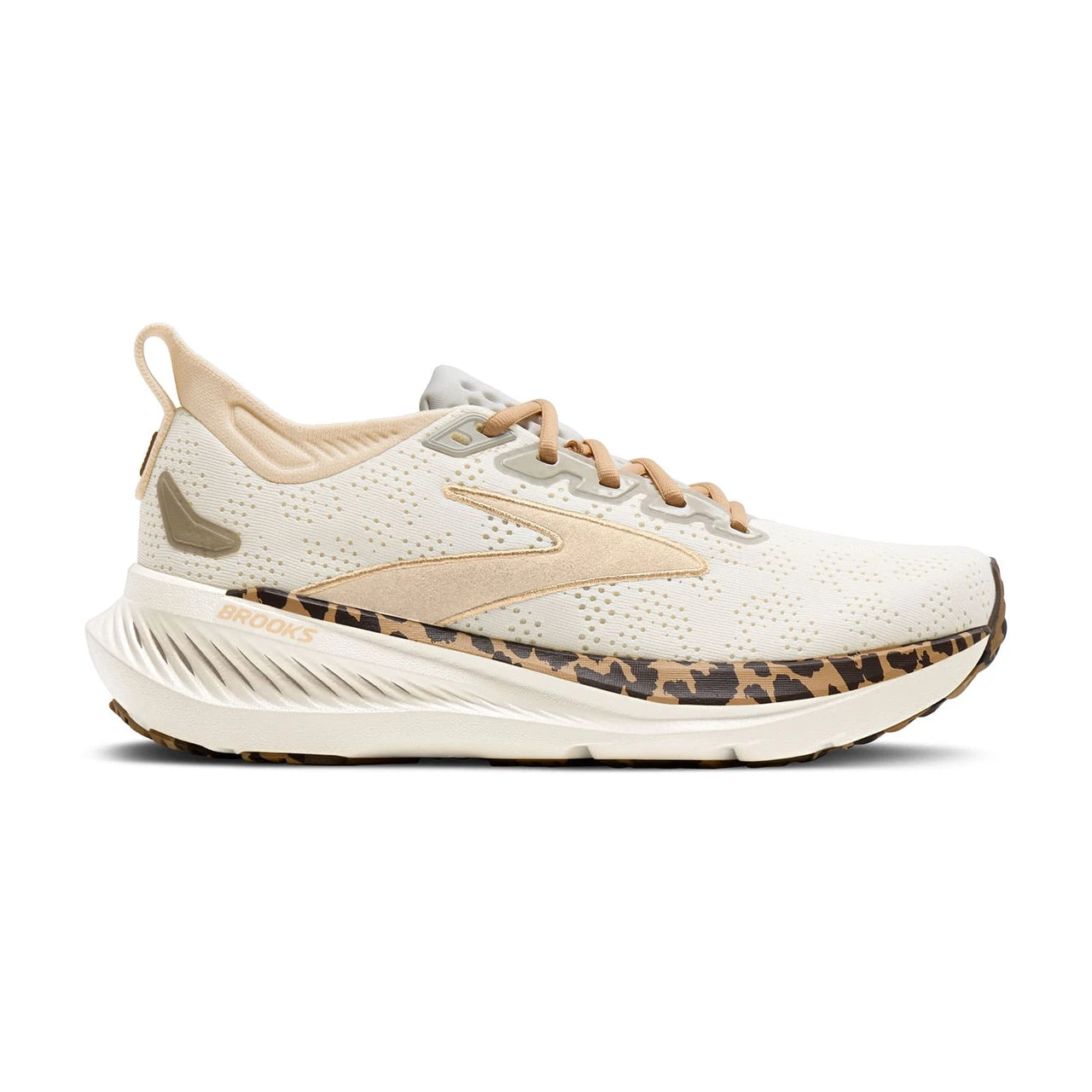 Side view on white background of Womens Brooks Glycerin 23 running shoe in Tofu/Creme/Chocolate, Medium (Regular) width