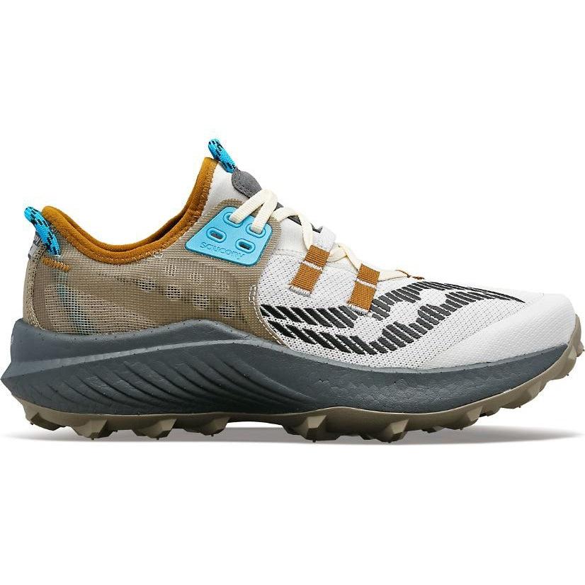Side view on white background of Mens Saucony Endorphin Rift running shoe in Fog and Bronze, Medium (Regular) width