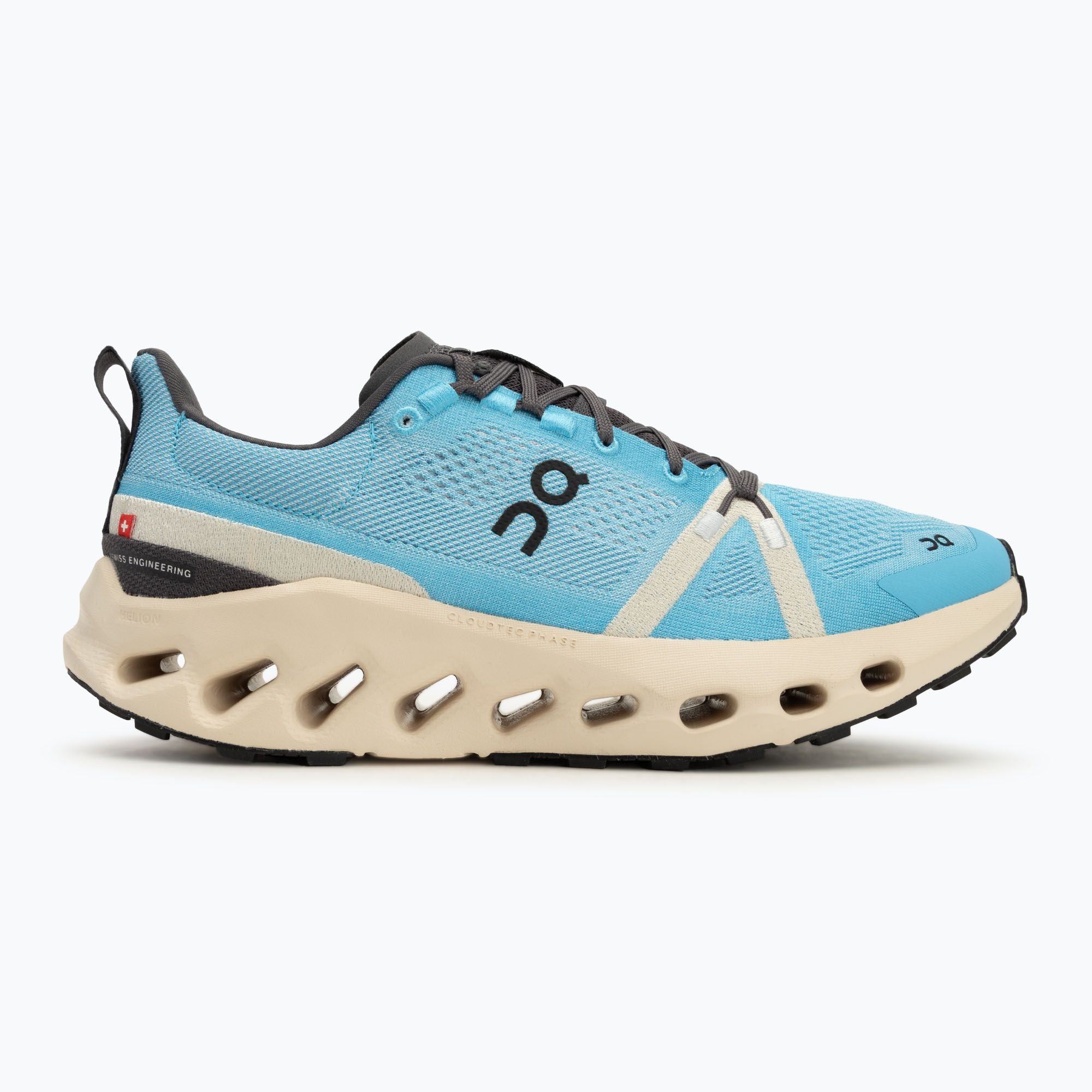 Side view on white background of Mens On Cloudsurfer Trail running shoe in Horizon/Cream, Medium (Regular) width
