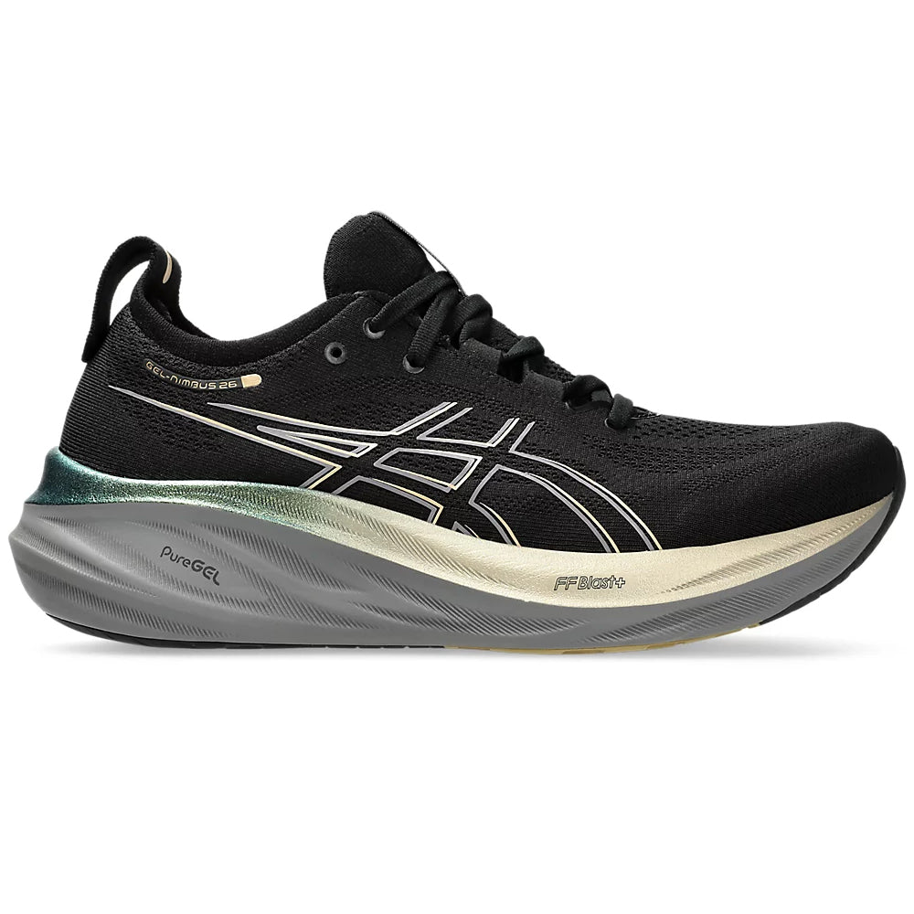 Men's Asics Gel-Nimbus 26 Platinum, Black/Champagne, 12.5 D Medium