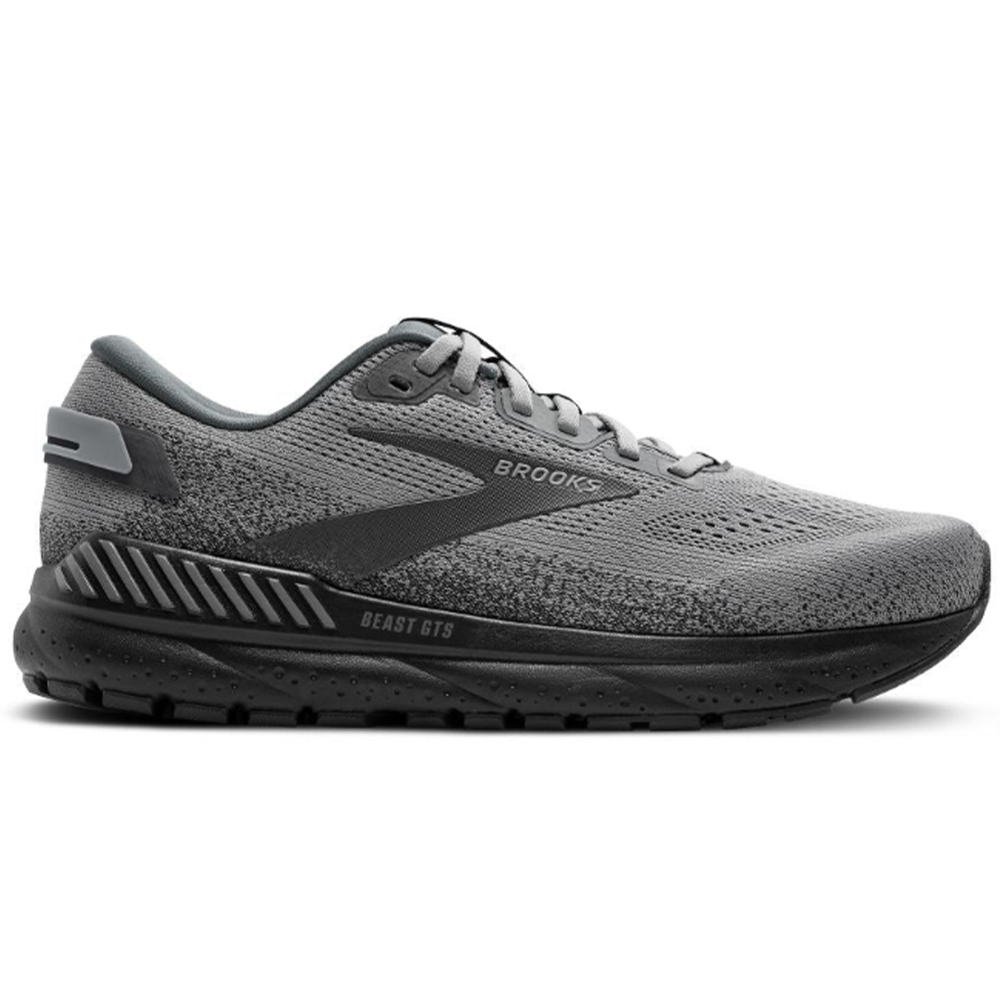 Side view on white background of Mens Brooks Beast running shoe in Primer Grey/Ebony, Wide width