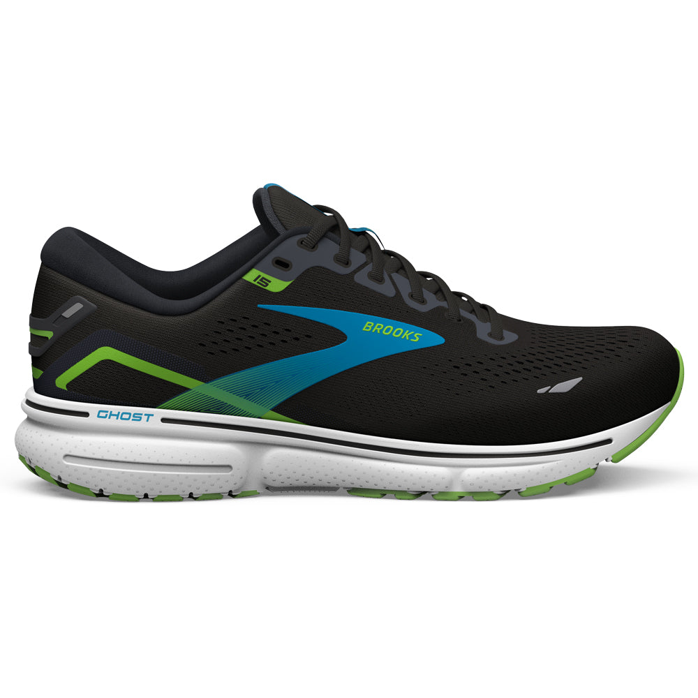 Men's Brooks Ghost 15, Black/Hawaiian Ocean/Green, 11.5 D Medium