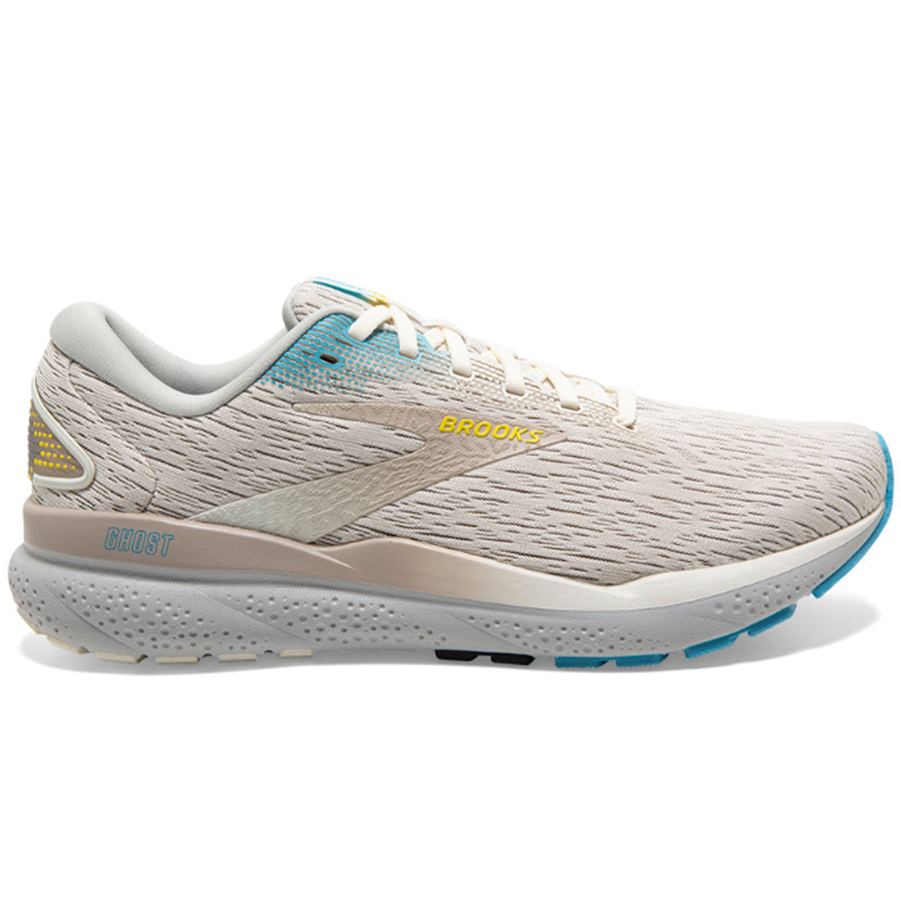 Side view on white background of Mens Brooks Ghost running shoe in Coconut/Blue/Yellow, Medium (Regular) width