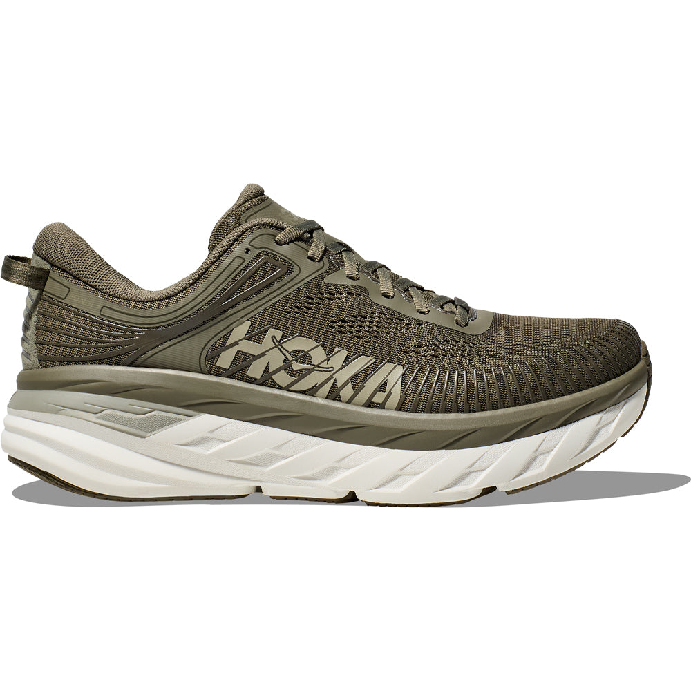 Side view on white background of Mens Hoka Bondi running shoe in Olive Haze/White, Medium (Regular) width