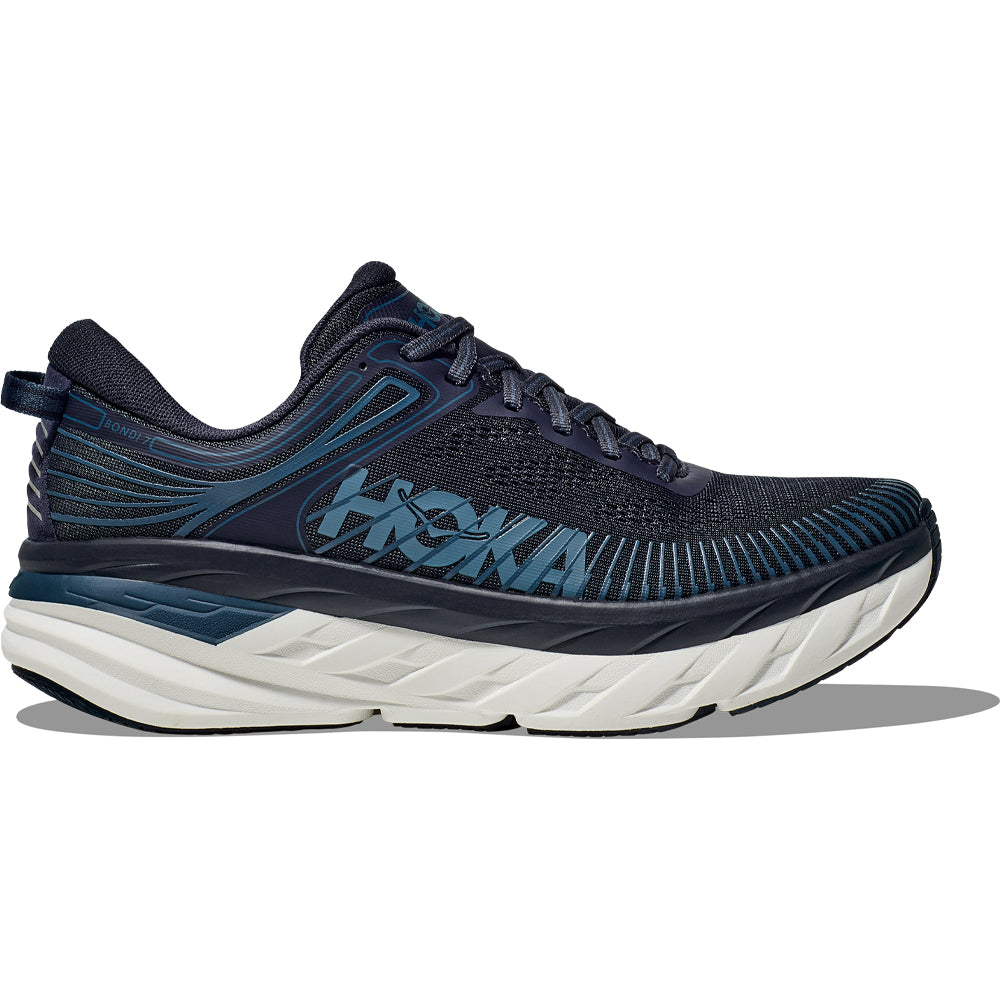 Side view on white background of Mens Hoka Bondi running shoe in Outerspace/White, Wide width