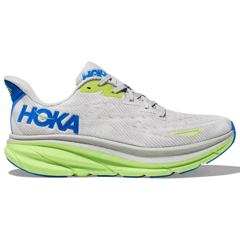 Side view on white background of Mens Hoka Clifton running shoe in Stardust/Electric Cobalt, Medium (Regular) width