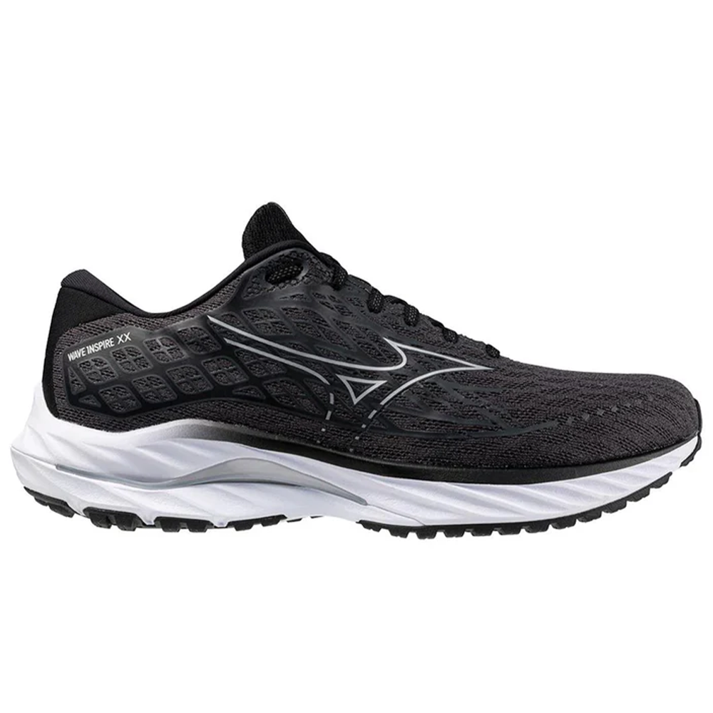 Side view on white background of Mens Mizuno Wave Inspire running shoe in Ebony/White Sand, Medium (Regular) width