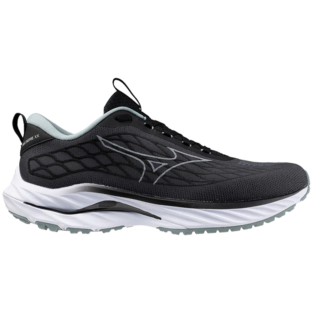 Side view on white background of Mens Mizuno Wave Inspire running shoe in Ebony/Abyss, Medium (Regular) width