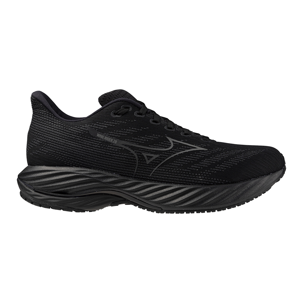 Side view on white background of Mens Mizuno Wave Rider running shoe in Black/Quiet Shade, Medium (Regular) width