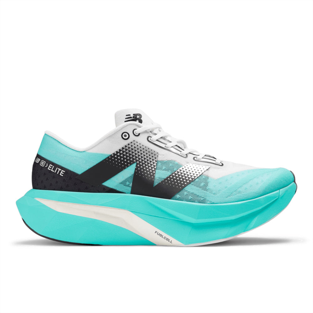 Side view on white background of Mens New Balance FuelCell SuperComp running shoe in Cyber Jade/White/Black/Silver Metallic, Medium (Regular) width