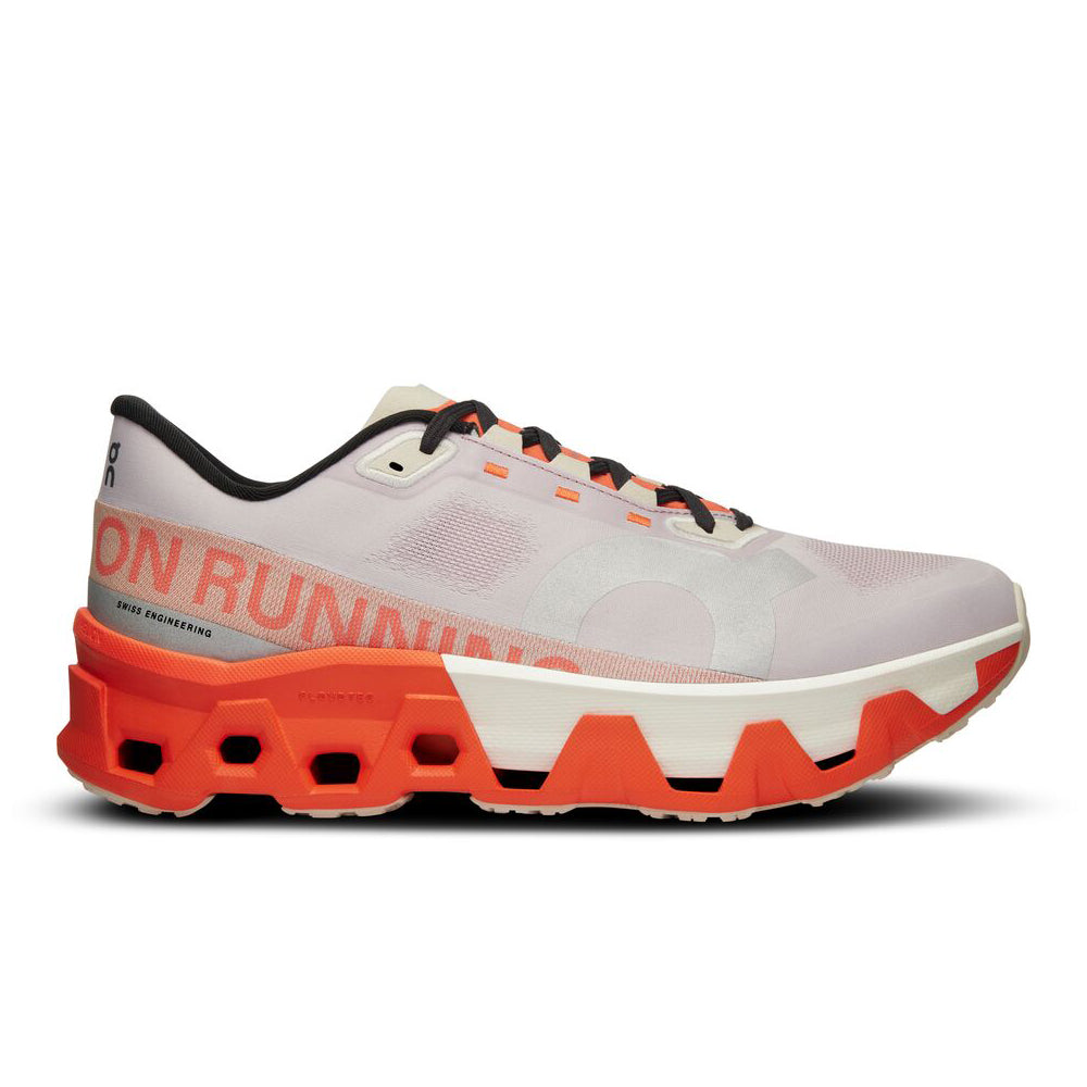 Side view on white background of Mens On Cloudmonster Hyper running shoe in Mauve/Flame, Medium (Regular) width