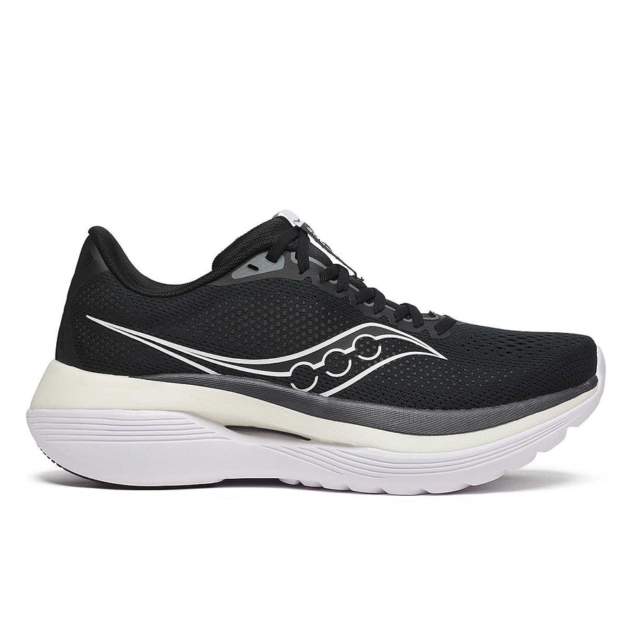 Side view on white background of Mens Saucony Endorphin Trainer running shoe in Black/White, Medium (Regular) width