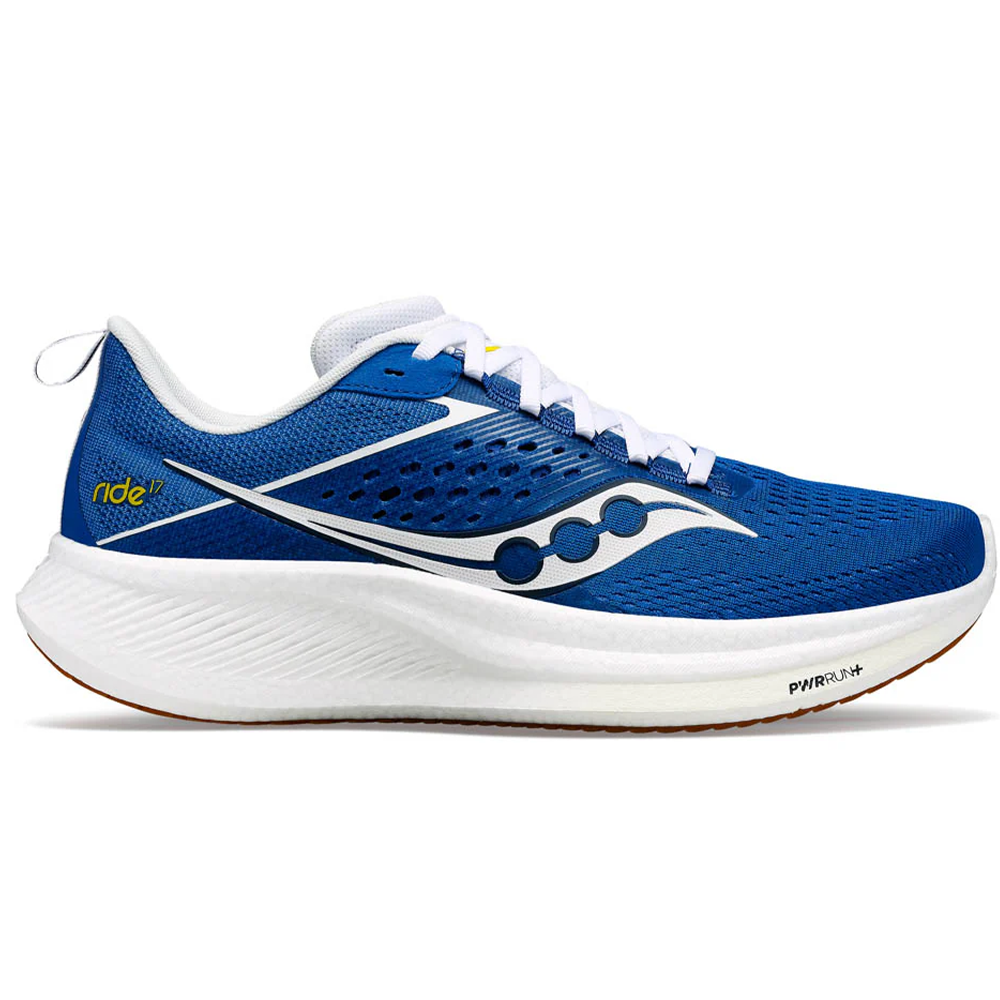 Side view on white background of Mens Saucony Ride 17 running shoe in Cobalt/White, Medium (Regular) width