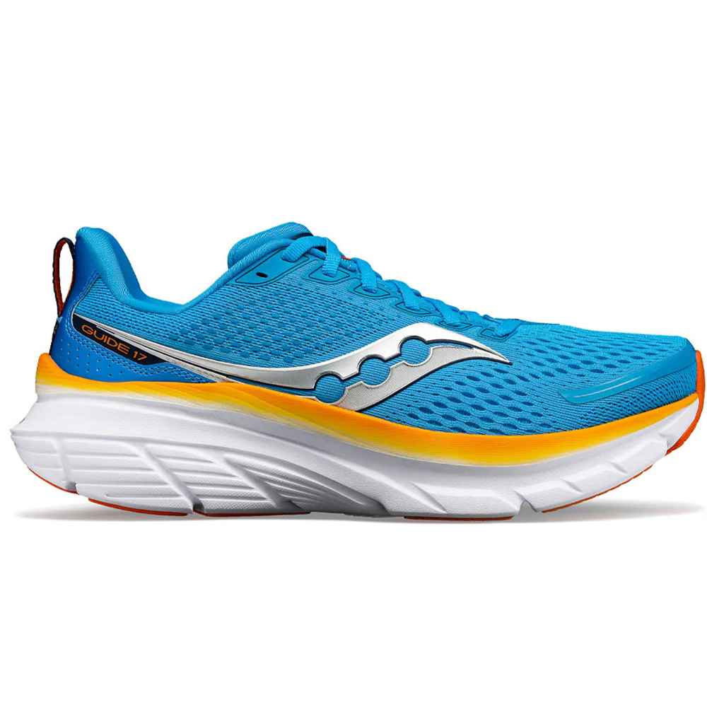 Side view on white background of Mens Saucony Guide running shoe in Viziblue/Peel, Medium (Regular) width