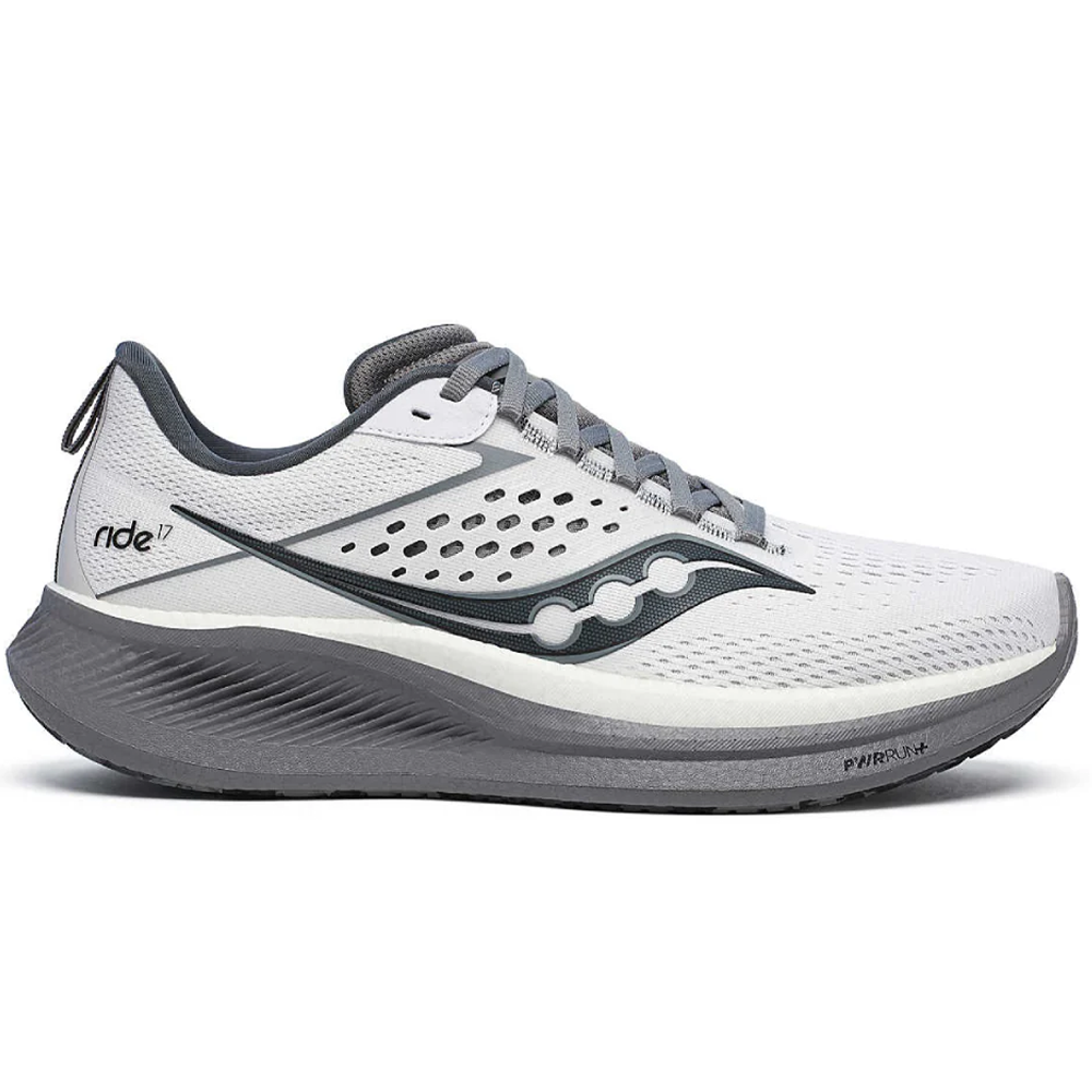 Side view on white background of Mens Saucony Ride running shoe in White/Black, Medium (Regular) width