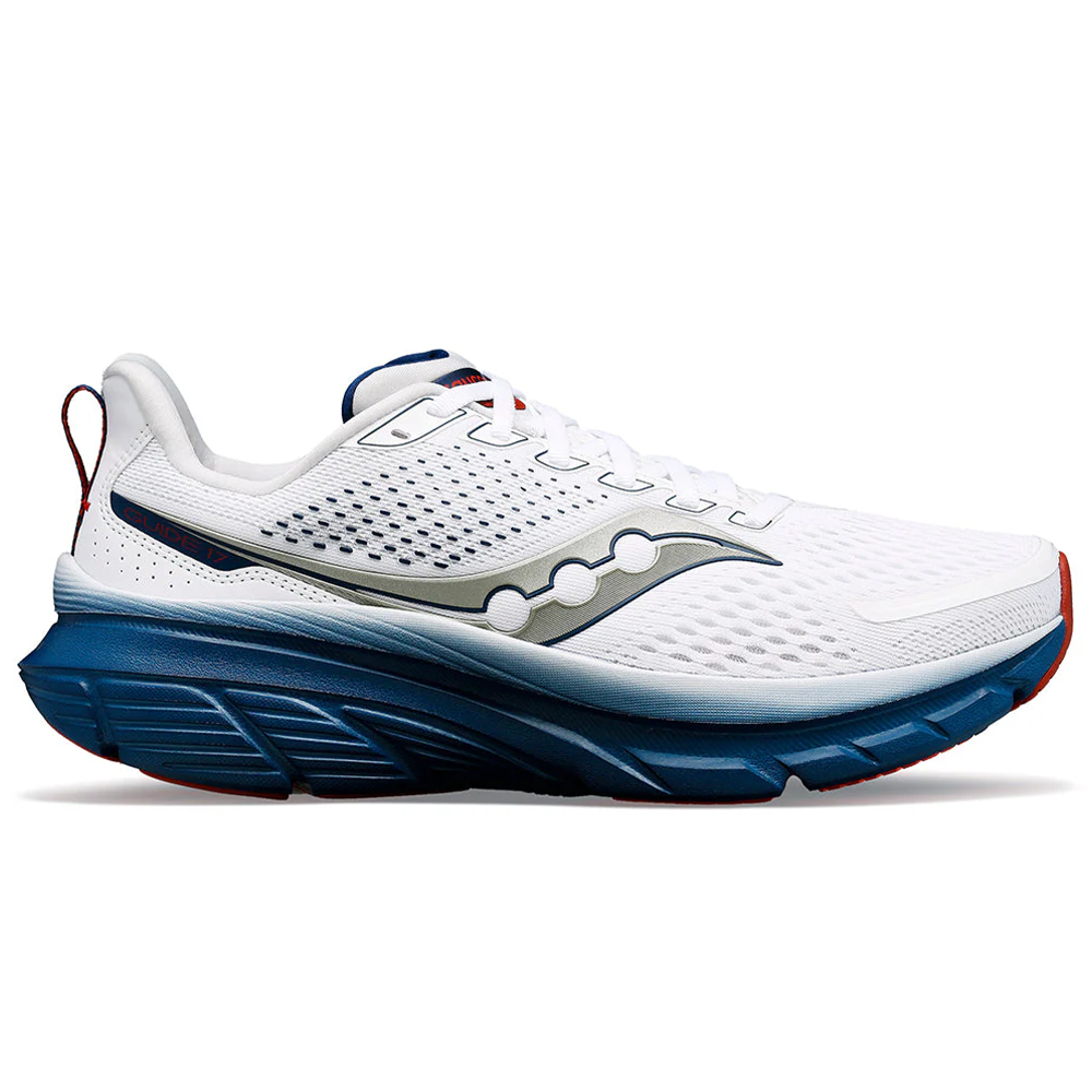 Side view on white background of Mens Saucony Guide 17 running shoe in White/Navy, Medium (Regular) width