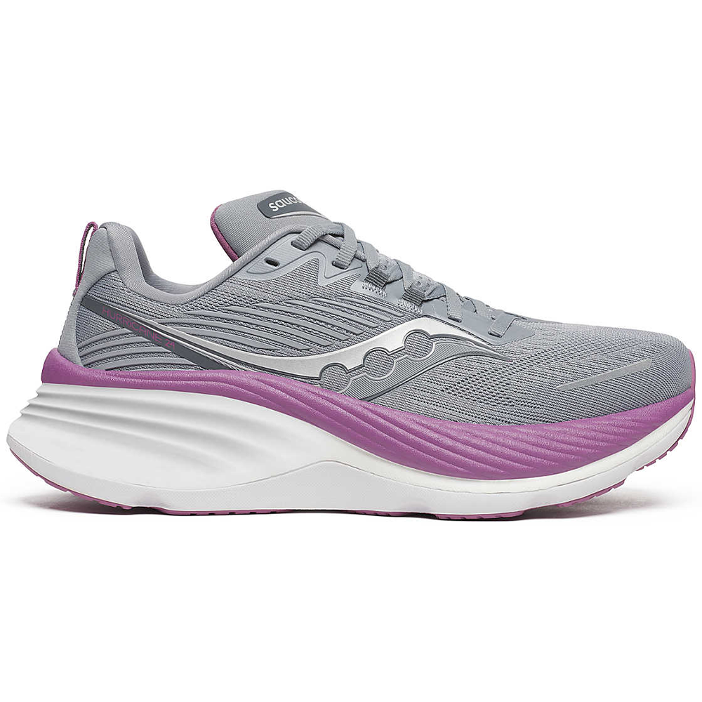 Side view on white background of Womens Saucony Hurricane 24 running shoe in Flint/Viola, Wide width