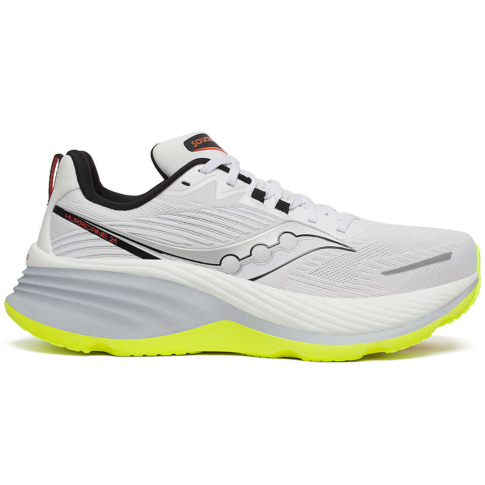 Side view on white background of Mens Saucony Hurricane running shoe in White/Black, Medium (Regular) width