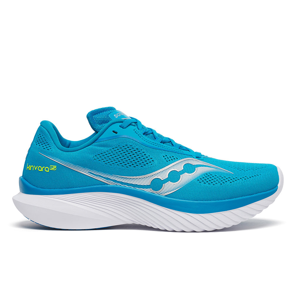 Side view on white background of Mens Saucony Kinvara running shoe in Viziblue/White, Medium (Regular) width