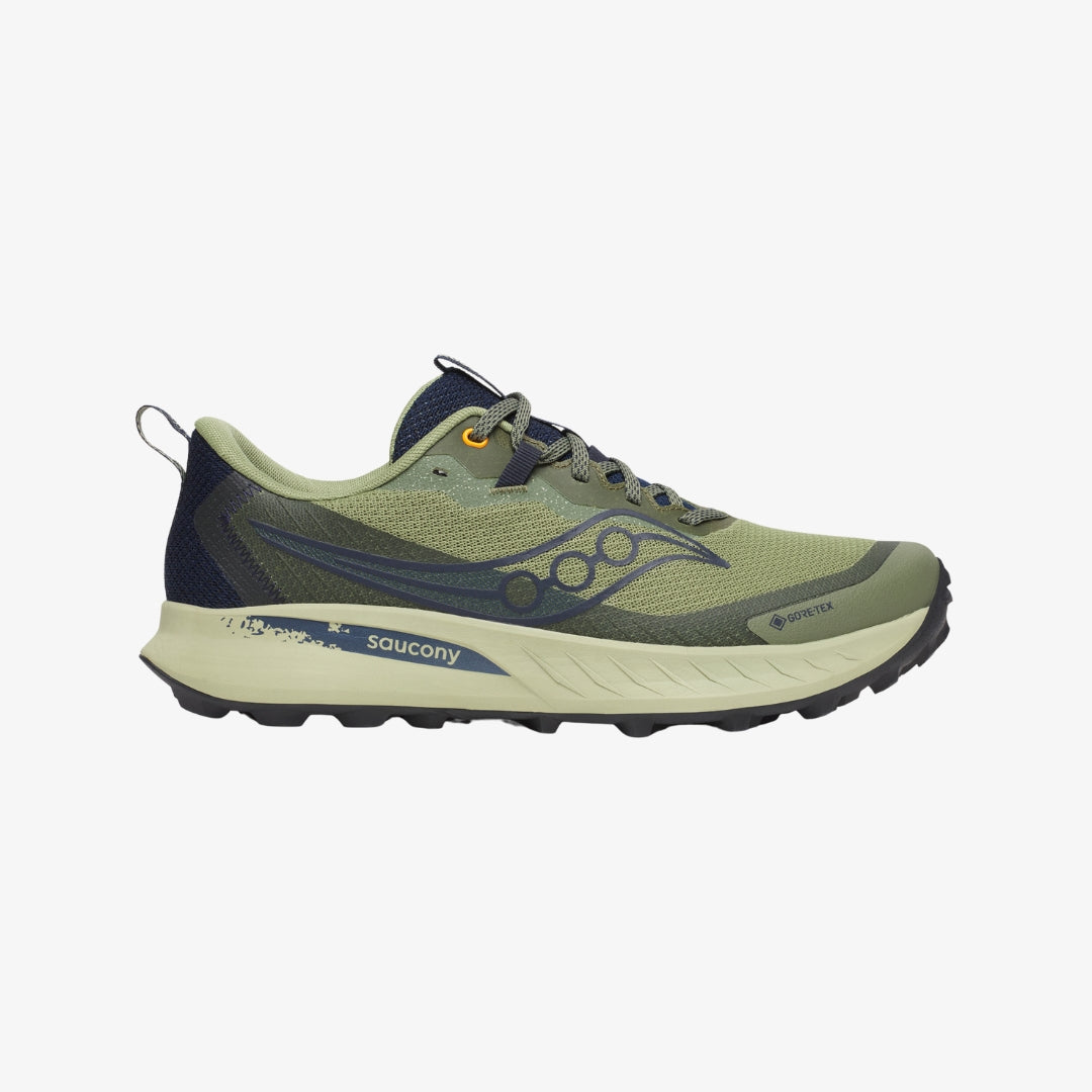 Side view on white background of Mens Saucony Peregrine 15 GTX running shoe in Hemlock/Navy, Medium (Regular) width
