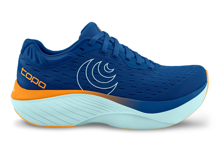 Side view on white background of Mens Topo Athletic Atmos running shoe in Blue/Orange, Medium (Regular) width