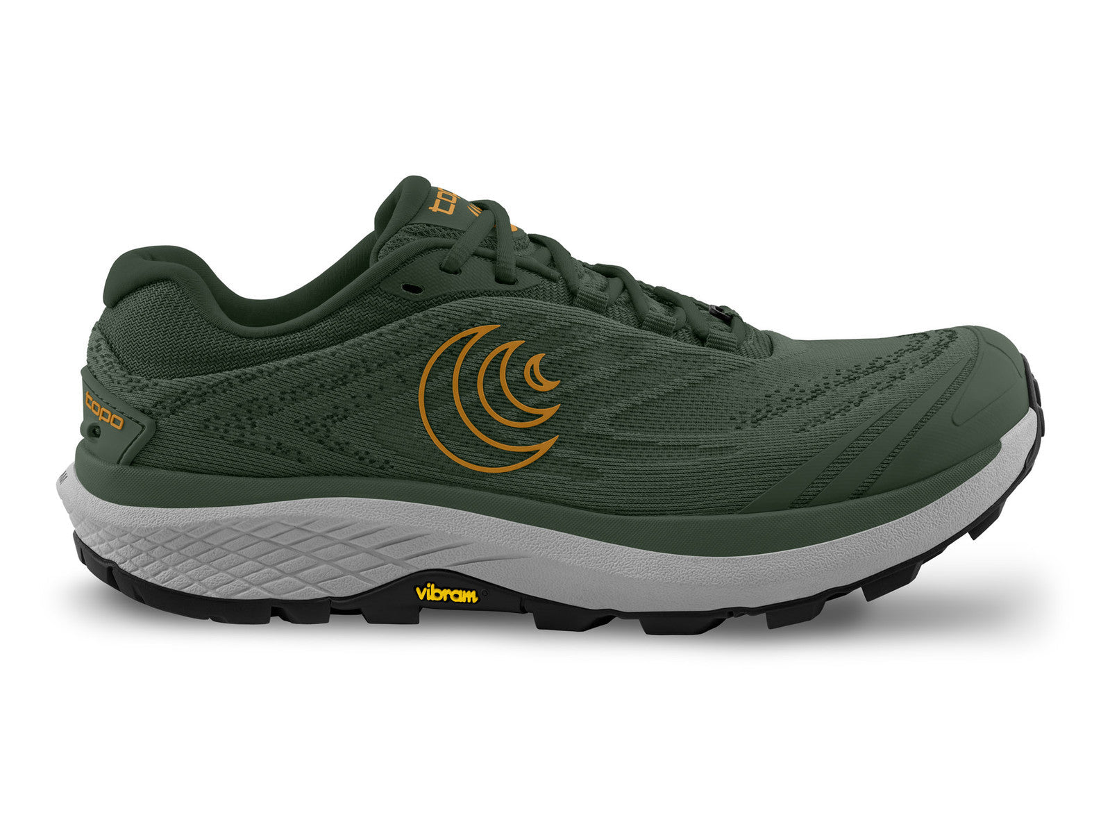 Side view on white background of Mens Topo Athletic Pursuit 2 running shoe in Green/Orange, Medium (Regular) width