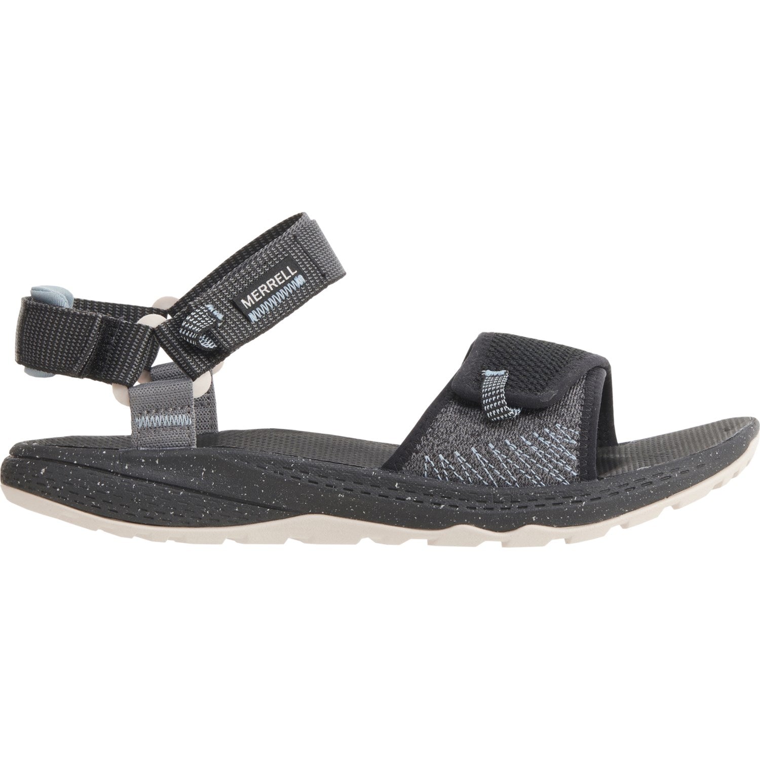 Side view on white background of Womens Merrell Bravada Backstrap running shoe in Black, Medium (Regular) width