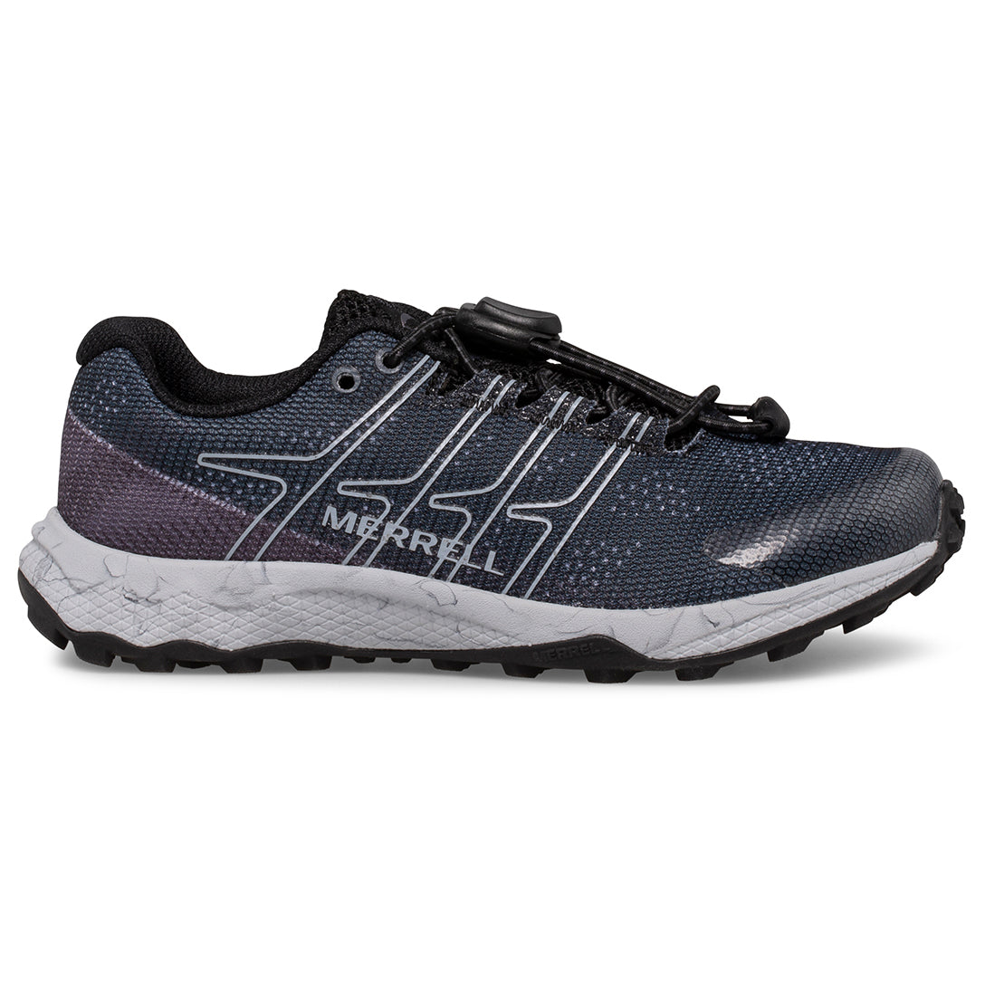 Side view on white background of Kids Merrell Moab Flight Low running shoe in Black, Medium (Regular) width