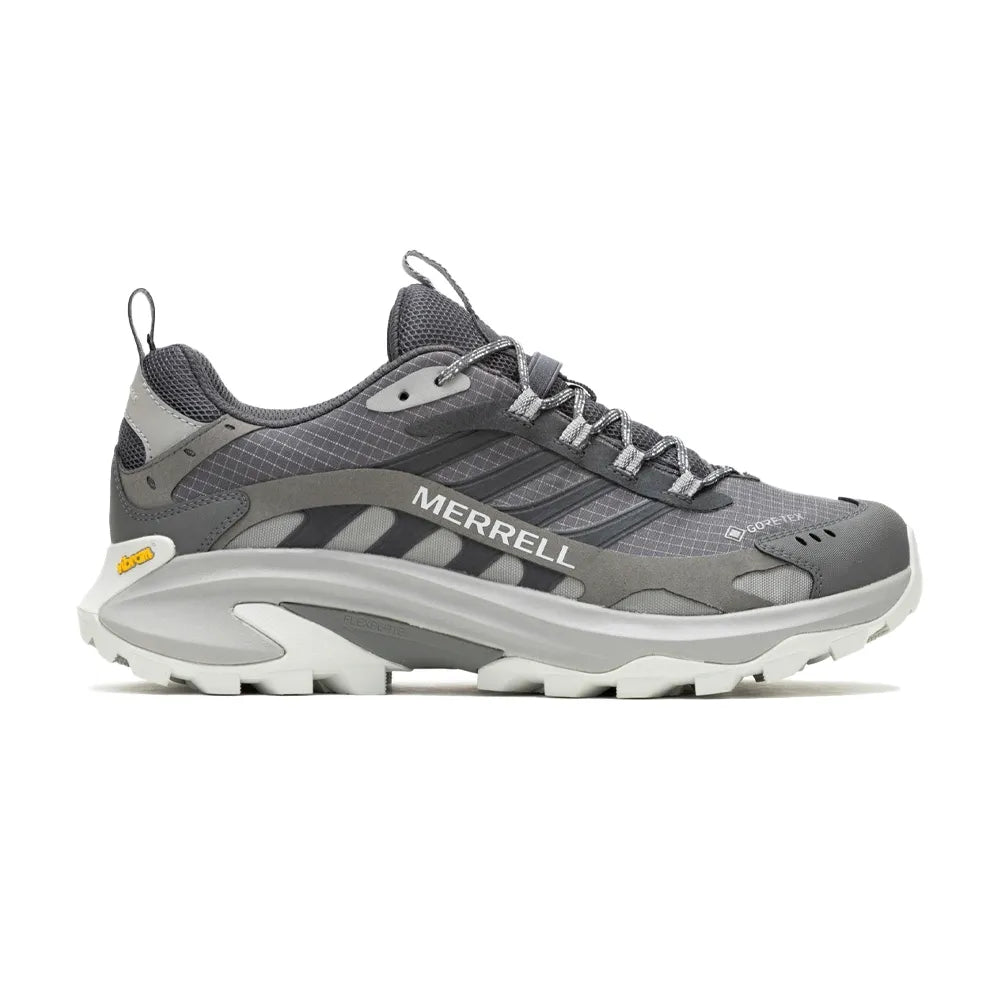 Side view on white background of Mens Merrell Moab Speed 2 GTX running shoe in Asphalt, Medium (Regular) width