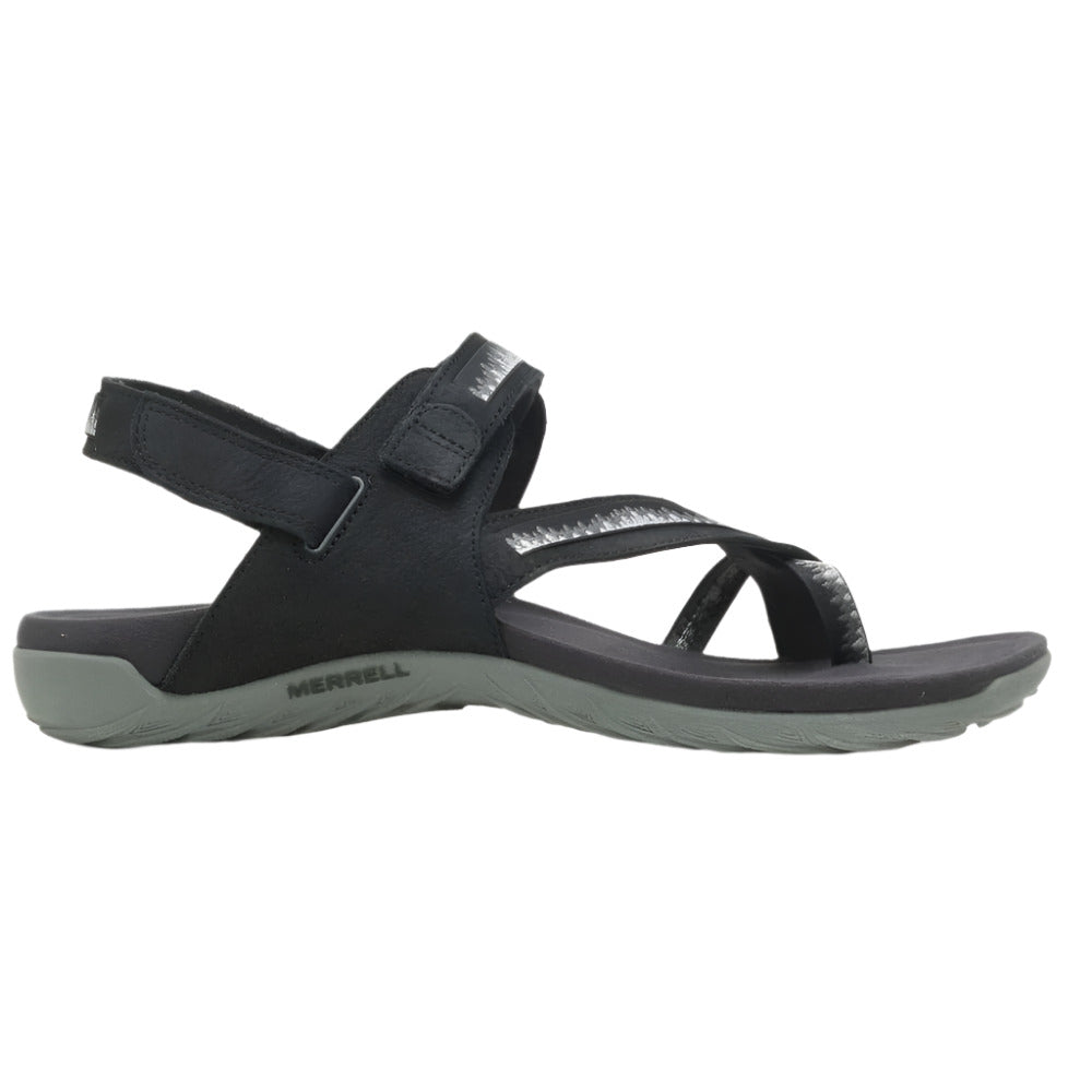 Side view on white background of Womens Merrell Terran 3 Cush Post running shoe in Black, Medium (Regular) width