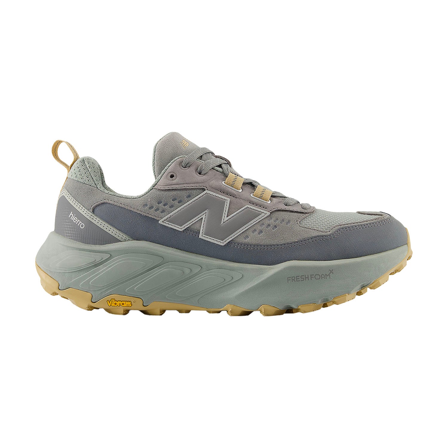Side view on white background of Mens New Balance Fresh Foam X Hierro Trek running shoe in Slate Grey/Lone Star Grey, Wide width
