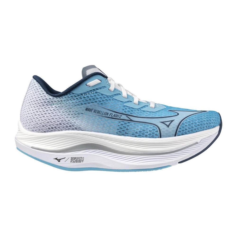 Side view on white background of Mens Mizuno Wave Rebellion Flash 2 running shoe in River Blu/Mugen Blue, Medium (Regular) width