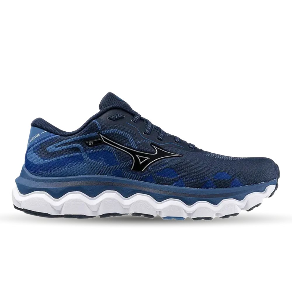 Side view on white background of Mens Mizuno Wave Horizon 7 running shoe in Dress Blue/Silver, Medium (Regular) width