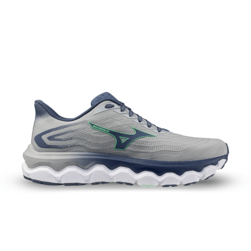 Side view on white background of Mens Mizuno Wave Horizon 8 running shoe in Pearl Blue/Vintage Indigo, Medium (Regular) width