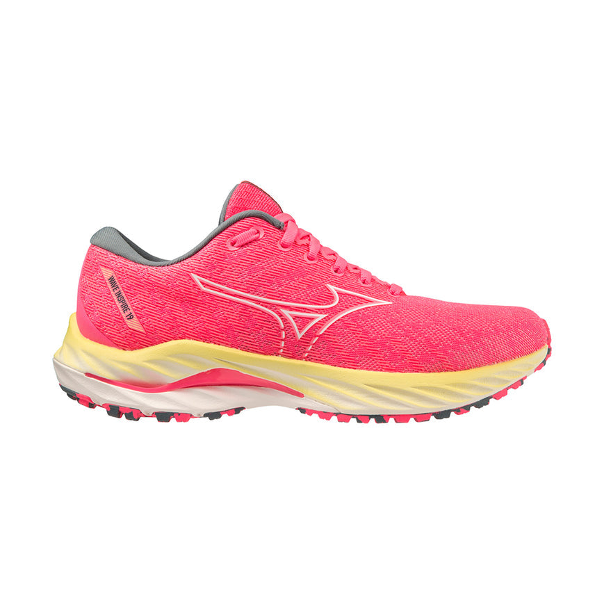 Women's Mizuno Wave Inspire 19, High-Vis Pink/Snow White, 7.5 B Medium