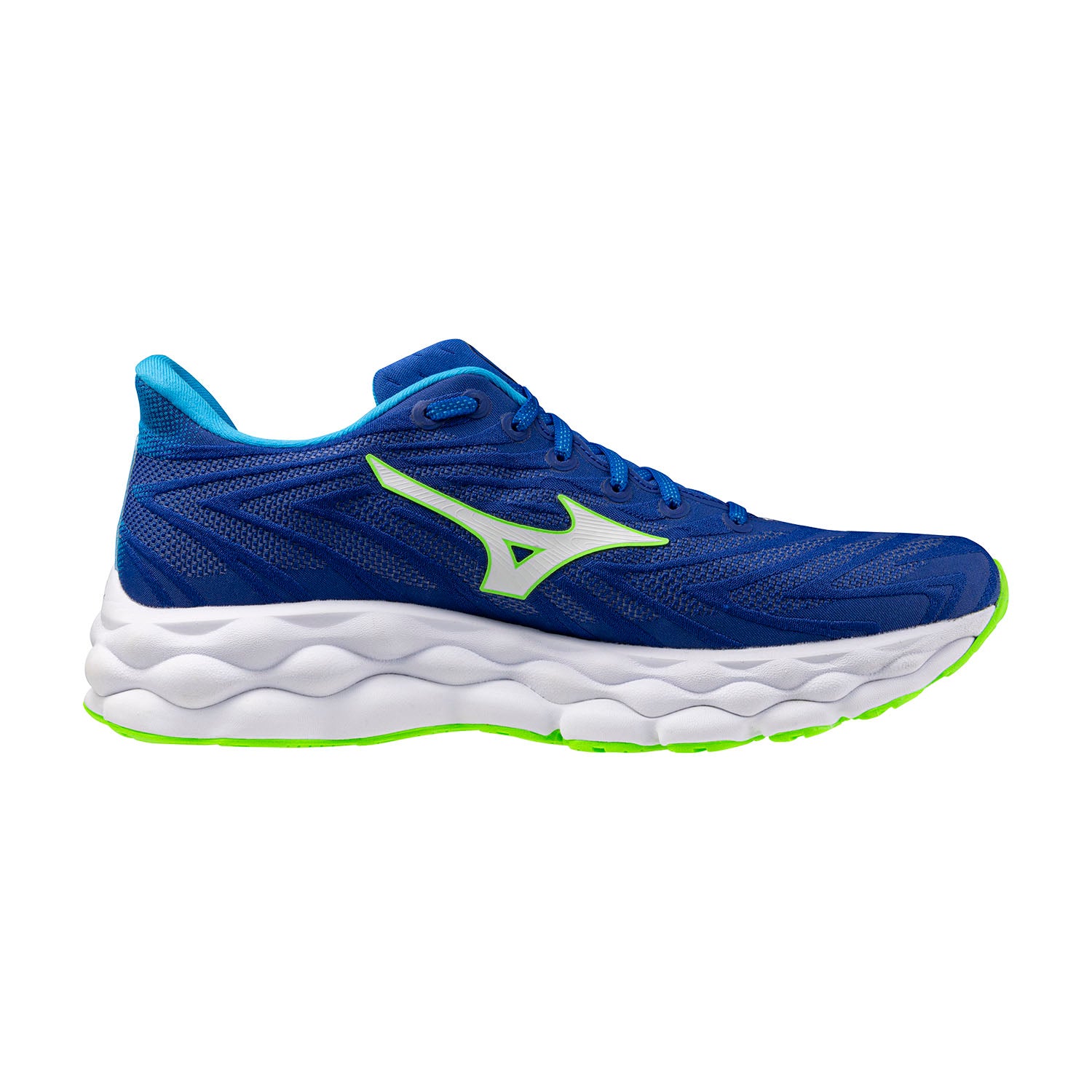 Side view on white background of Mens Mizuno Wave Sky 8 running shoe in Reflex Blue/White, Medium (Regular) width