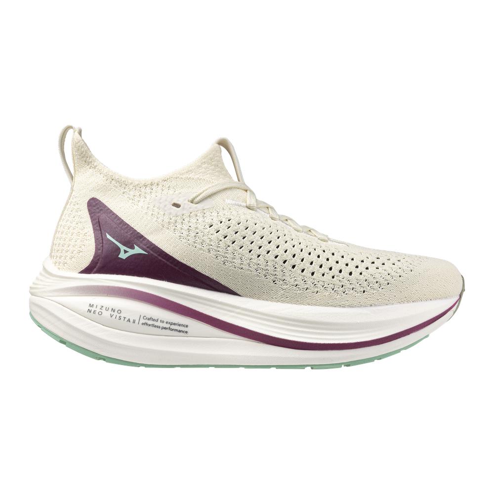 Side view on white background of Womens Mizuno Neo Vista 2 running shoe in Nimbus Cloud/Ice Green, Medium (Regular) width