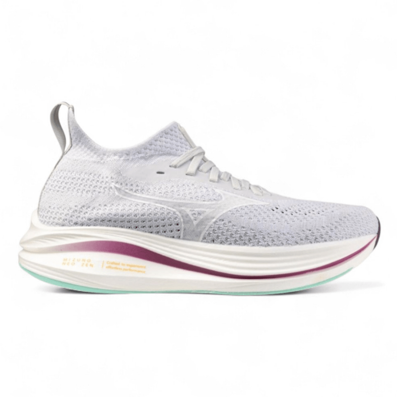 Side view on white background of Womens Mizuno Neo Zen running shoe in Nimbus Cloud/White, Medium (Regular) width