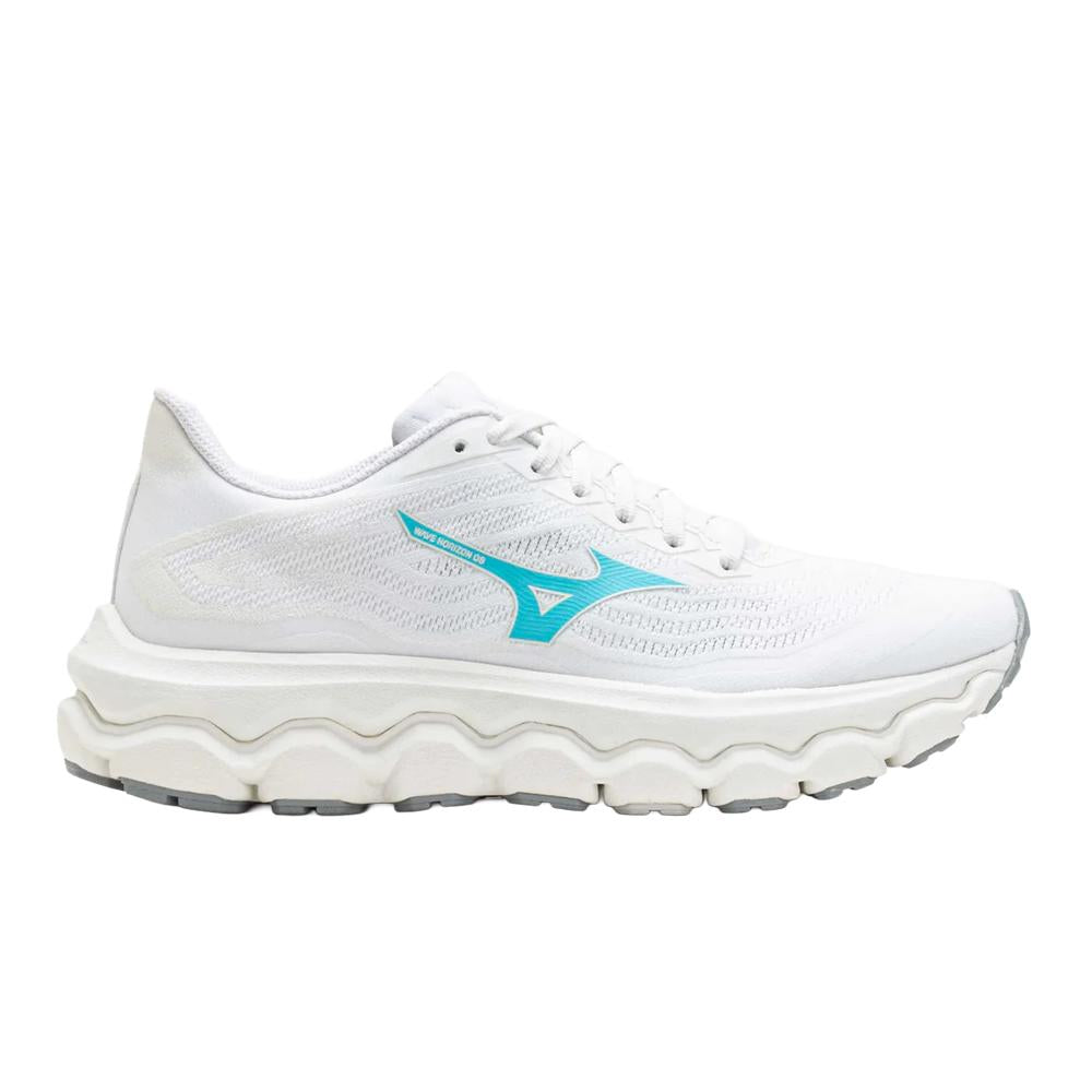 Side view on white background of Womens Mizuno Wave Horizon 8 running shoe in White/Tanger/Turquiose, Medium (Regular) width